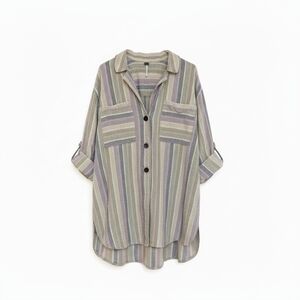 Free People Oversized Striped Button-Up Shirt | Women’s M | Boho Slouchy Cotton